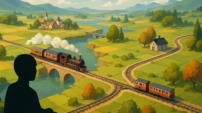 Скриншот из игры Station to Station с поездами и красивыми пейзажами, демонстрирующий расслабляющий геймплей.