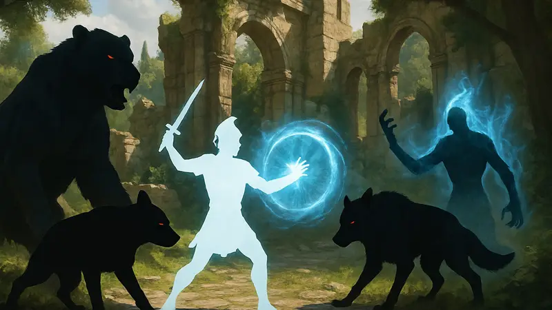 Игровой скриншот Titan Quest 2 с призывными существами и магическими эффектами.