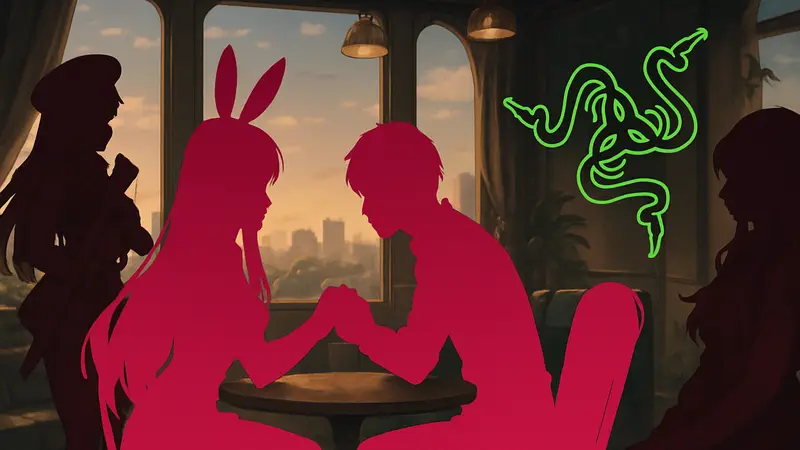 Персонажи Goddess of Victory: NIKKE в стилистике симулятора свиданий, рядом логотип Razer.