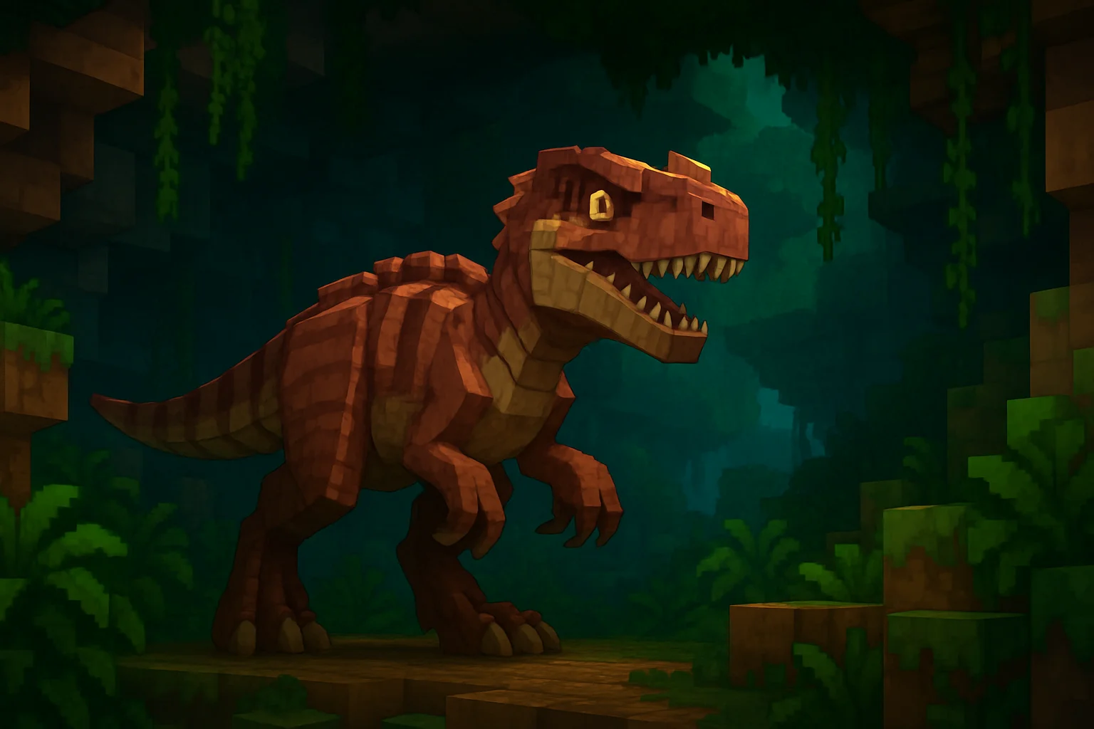 Изображение динозавра из Hytale, бродящего в подземных джунглях, на фоне блочного мира.