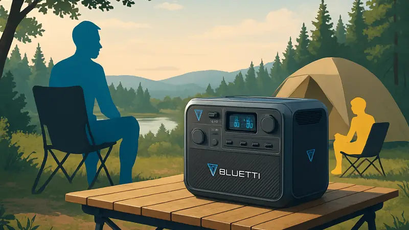 Портативная электростанция BLUETTI Elite 100 V2, стоящая на кемпинговом столе на природе.