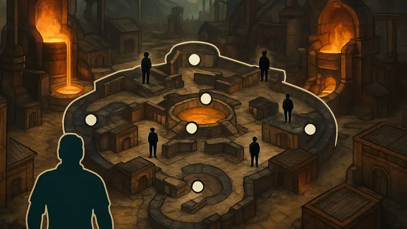 Схематичное изображение игровой карты «Кузница» (The Forge) с отмеченными точками интереса.