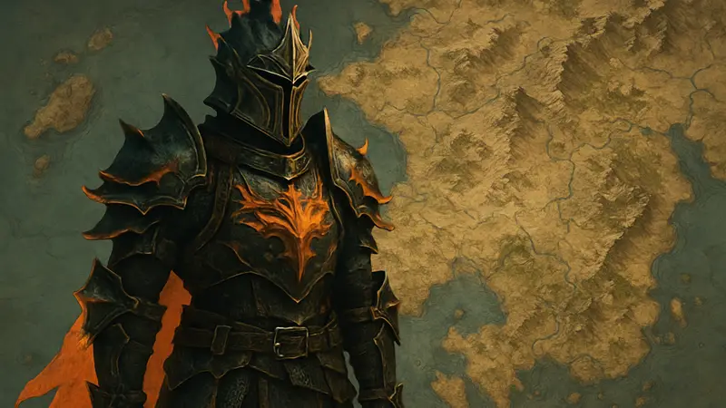 Фрагмент доспехов Рыцаря Пламени из Crimson Desert на фоне карты мира.