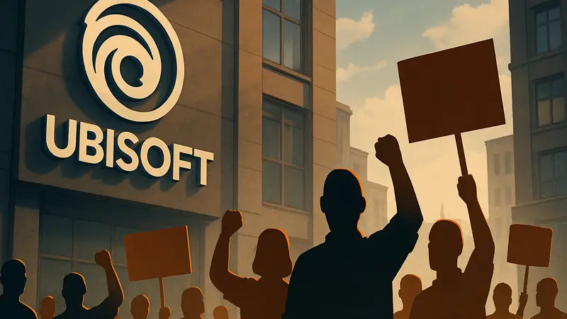 Логотип Ubisoft рядом с силуэтами протестующих работников, символизирующий урегулирование трудового конфликта.