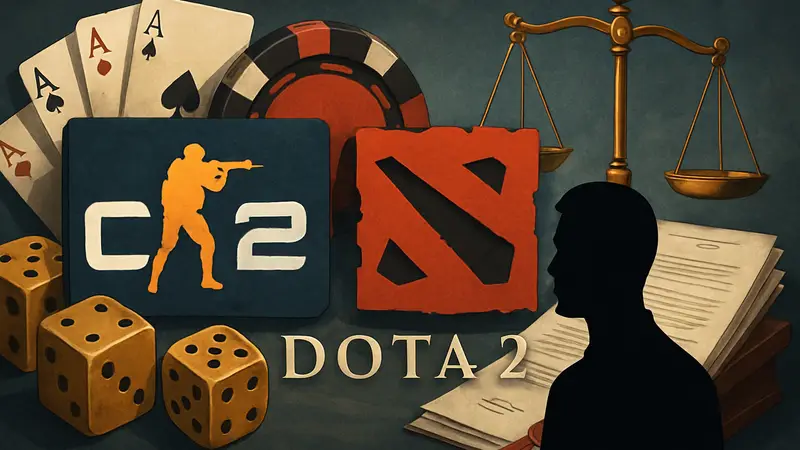 Логотипы CS2 и Dota 2 на фоне символики азартных игр и юридических документов