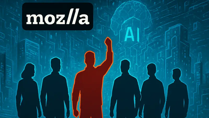 Логотип Mozilla и стилизованное изобр ажение 'альянса повстанцев' в цифровом мире ИИ