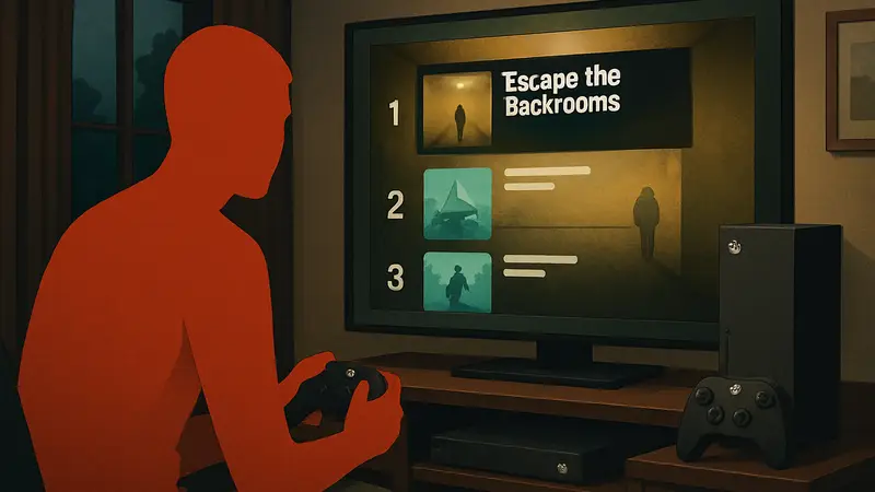 Изображение игры Escape the Backrooms на консоли Xbox, показывающее высокие позиции в чартах.
