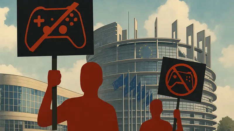 Символическое изображение инициативы Stop Killing Games с геймпадами и зданием Европарламента.