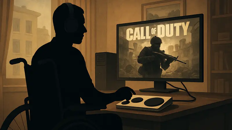 Игрок с адаптивным контроллером для Call of Duty, смотрящий в монитор.