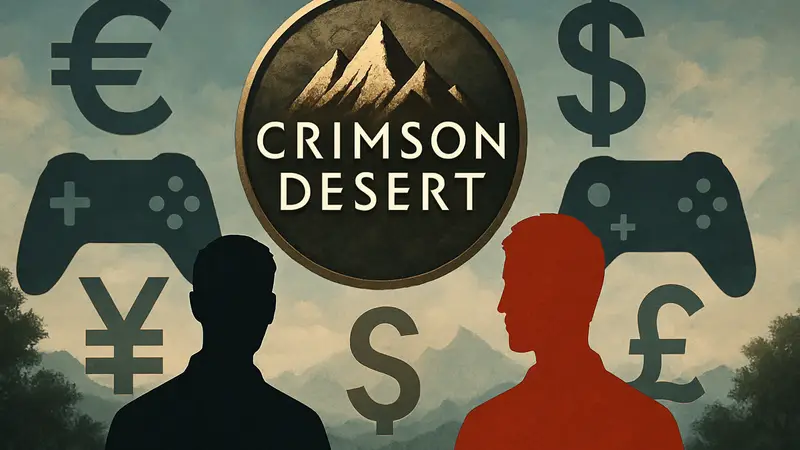 Логотип Crimson Desert, окруженный символами мировых валют и геймпадов.