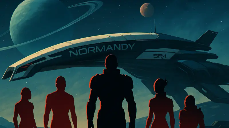 Герои Mass Effect на фоне космического корабля Нормандия и далёких планет