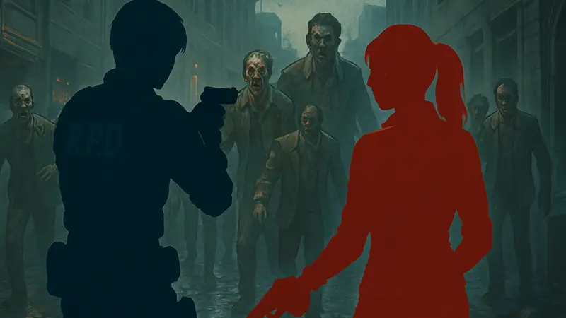 Персонажи Resident Evil 2 Леон и Клэр в стилистике аркадной игры, на фоне зомби.