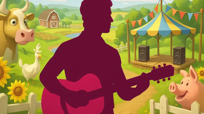 Джо Джонас на фоне игрового поля Hay Day, держащий гитару, с новыми элементами фестиваля.