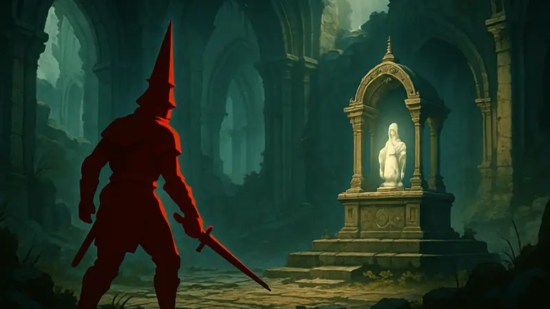 Персонаж Blasphemous 2 исследует локацию с алтарем