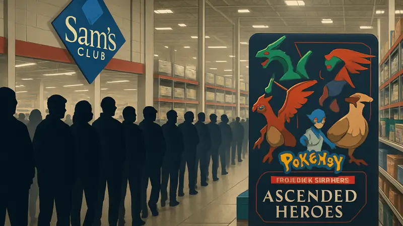 Покупатели стоят в длинной очереди в магазине Sam's Club за карточками Pokémon TCG: Ascended Heroes.