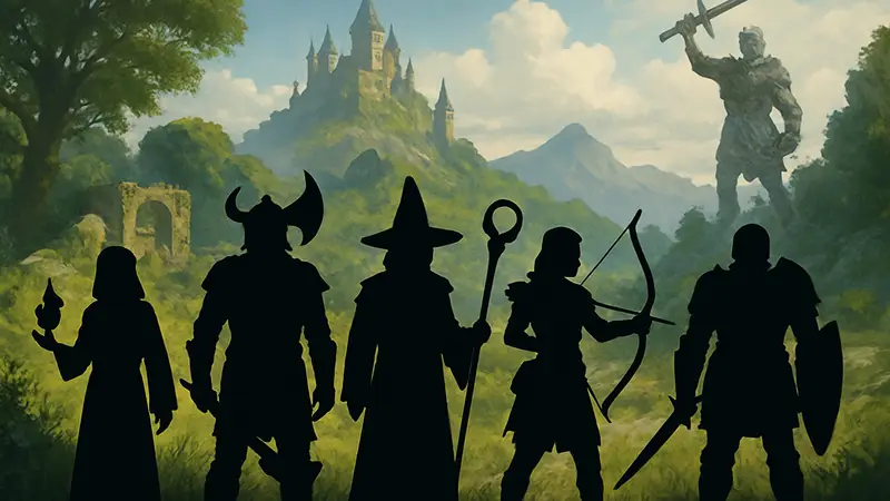 Обзорная картинка с персонажами из разных фэнтезийных игр с открытым миром и элементами классов.