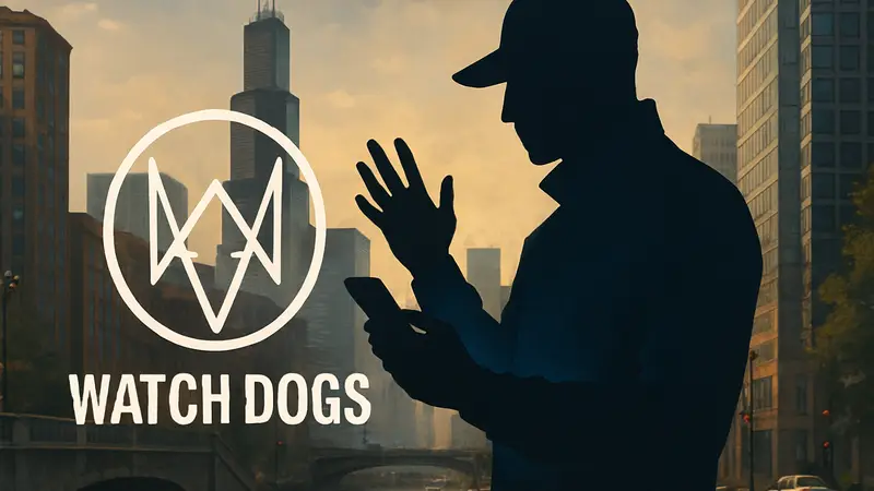 Логотип фильма Watch Dogs, актер, демонстрирующий хакерские элементы