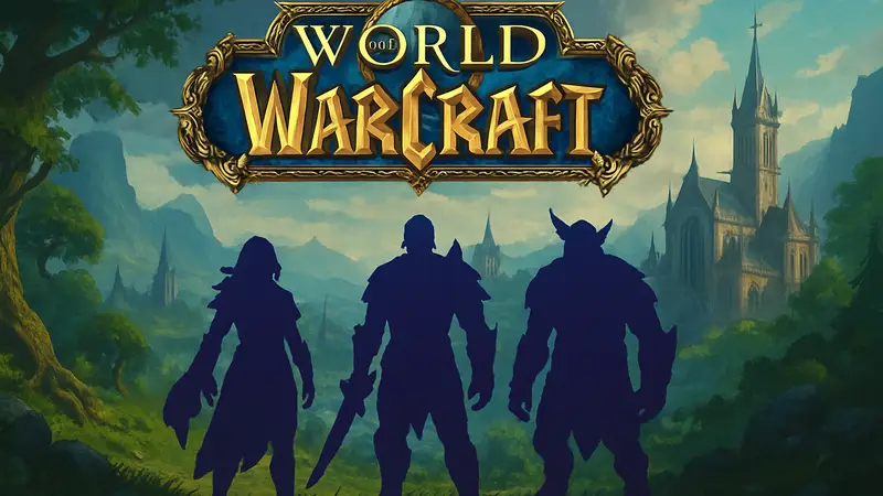 Логотип World of Warcraft и изображение персонажей из Midnight на фоне фэнтезийного мира
