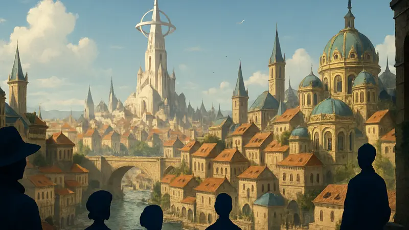 Вид на город Lumiere из RPG Clair Obscur с архитектурой, вдохновленной реальными культурами