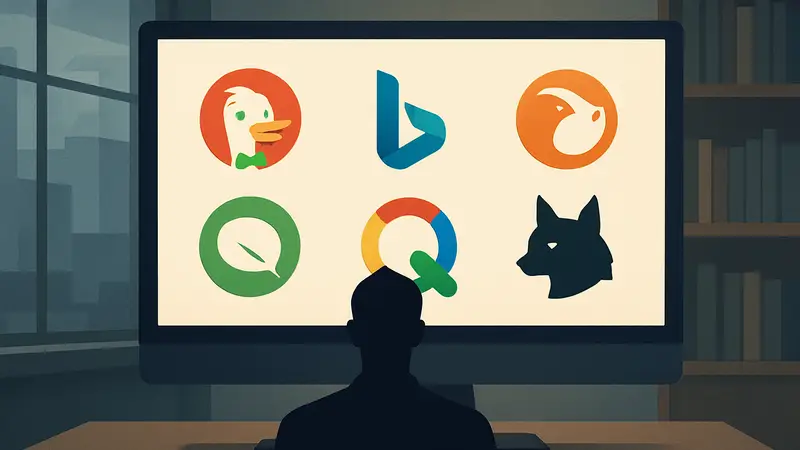 Разноцветные логотипы шести поисковых систем, альтернативных Google, на экране монитора.