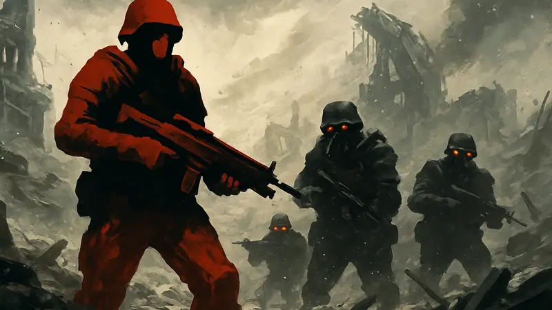 Обложка игры Killzone 3 с главным героем Сэвком и вражескими солдатами Хелгастами на разрушенном фоне.
