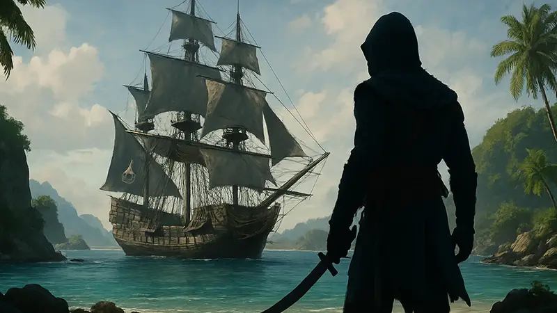 Концепт-арт Assassin's Creed Black Flag Resynced, пиратский корабль, море.