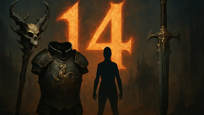 Уникальные предметы из Diablo 4 на фоне логотипа 14 сезона.
