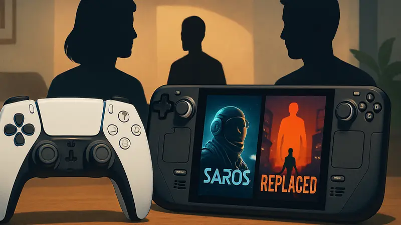 Геймпад PlayStation и Steam Deck рядом, символизирующие игры Saros и Replaced для выходных.
