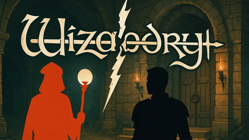 Логотип Wizardry с надписями Atari и Drecom, символизирующий раздел прав на RPG-серию между двумя компаниями.