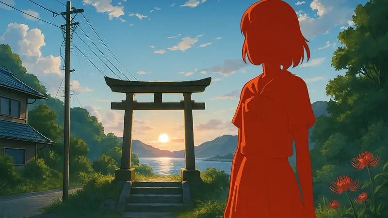 Кадр из аниме фильма "Shiranuhi" от CoMix Wave Films, с узнаваемым стилем студии, похожим на "Твое имя" или "Судзумэ"