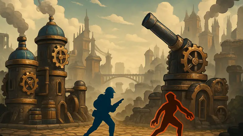 Скриншот из игры Gears Tower Defense, демонстрирующий башни и врагов в стимпанк-стиле.