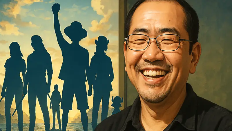 Эйитиро Ода улыбается, на фоне постер второго сезона One Piece Live Action с главными персонажами.