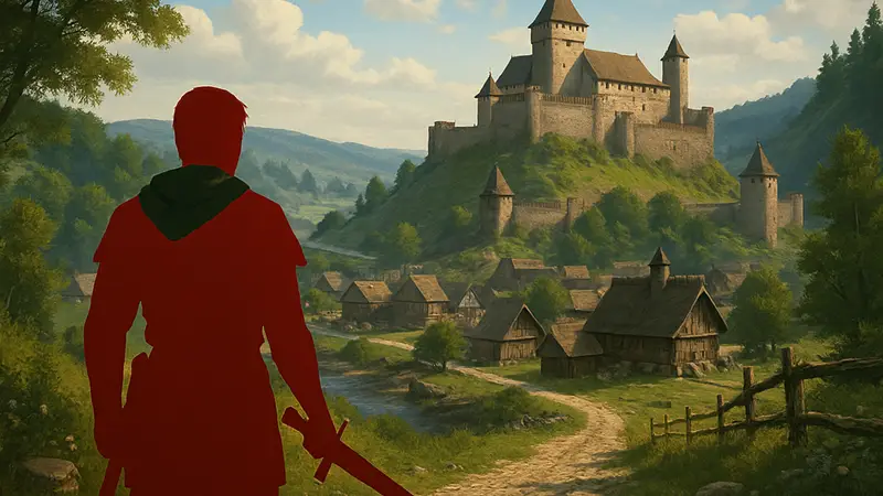 Логотип Kingdom Come: Deliverance или сцена из средневековой Богемии с главным героем.