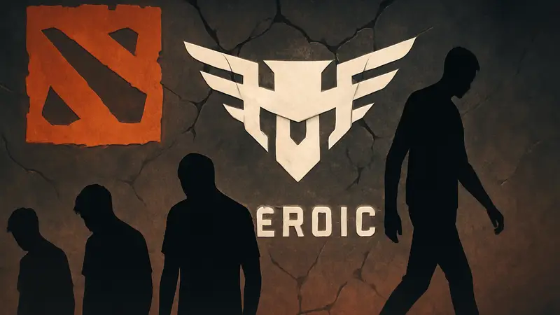 Логотип команды Heroic на фоне символики Dota 2, иллюстрация распада киберспортивной команды