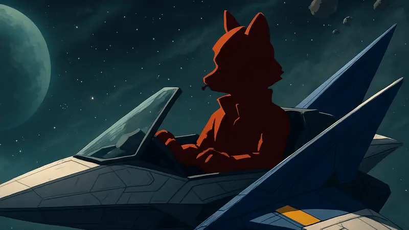 Фокс МакКлауд из Star Fox в своём истребителе для обзора Pocket Tactics