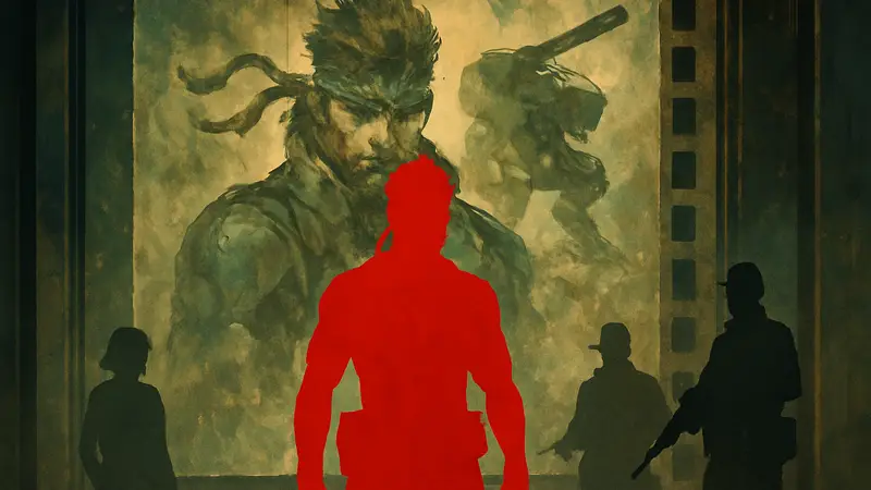 Логотип Metal Gear Solid на фоне кинематографического постера или пленки.