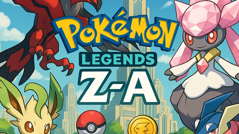 Арт из игры Pokémon Legends: Z-A с изображением редких покемонов и эксклюзивных предметов.