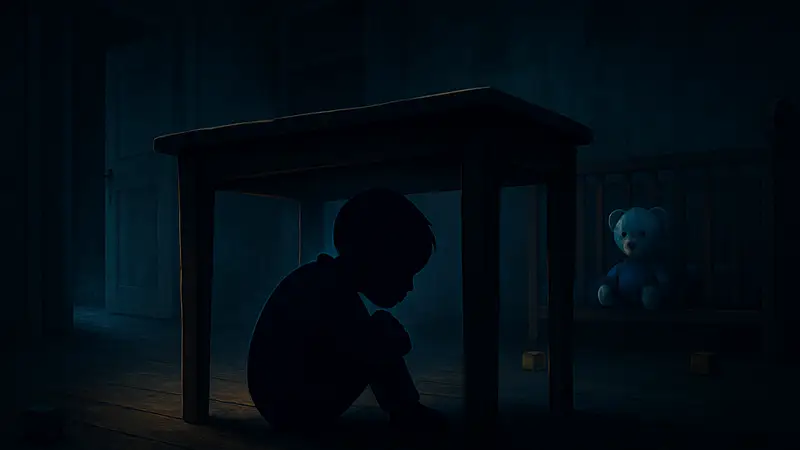 Тёмная комната из игры Among the Sleep с ребёнком, прячущимся под столом, создающая атмосферу хоррора.