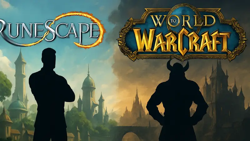 Логотип RuneScape на фоне World of Warcraft, символизирующий конкуренцию между MMO.