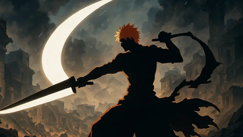 Ичиго Куросаки в эпичной битве из аниме Bleach, демонстрирующий мощь духовных сил.