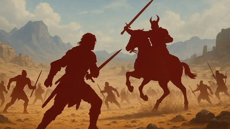 Crimson Desert, сцена из игры, эпический бой, пустыня, фэнтези RPG