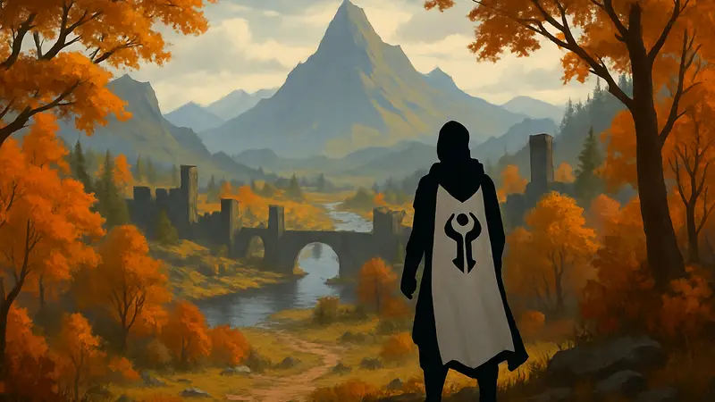 Осенний пейзаж Dowdun Reach в Runescape Dragonwilds с персонажем в скилл-кейпе.