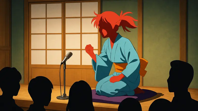 Девушка Аканэ из аниме Akane-banashi выступает на сцене, эмоции.