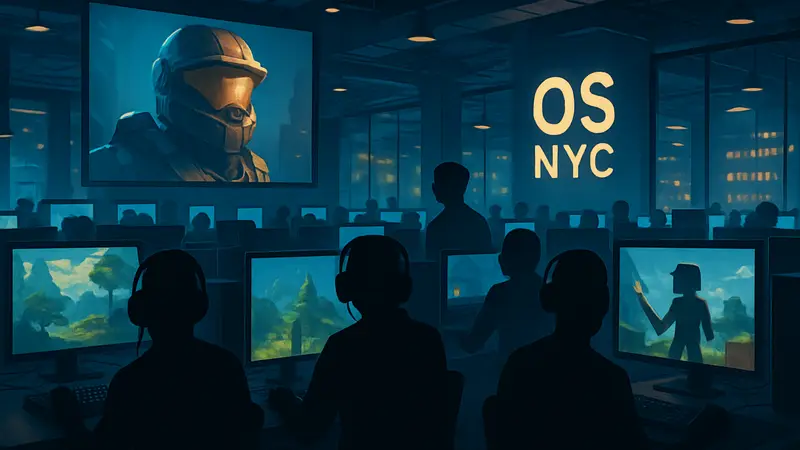 Геймеры играют в современном игровом клубе OS NYC в Нью-Йорке, демонстрируя сообщество