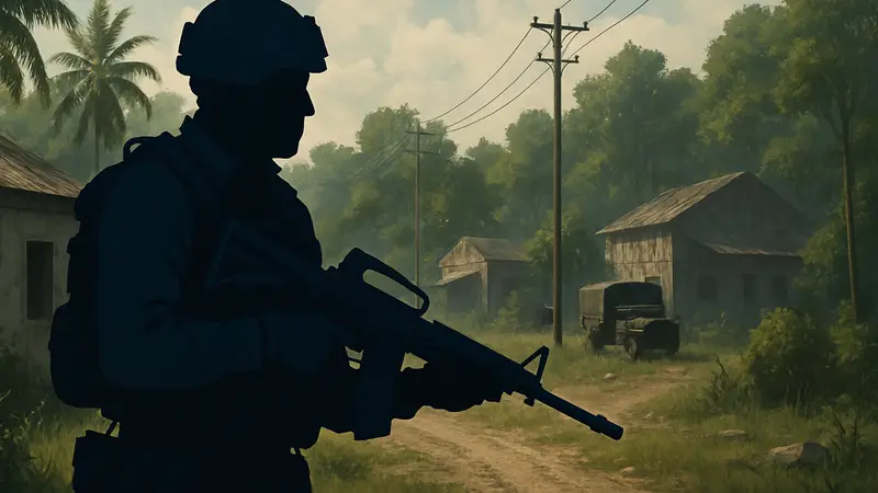 Солдат в тактической экипировке держит штурмовую винтовку M16 в игре Gray Zone Warfare.