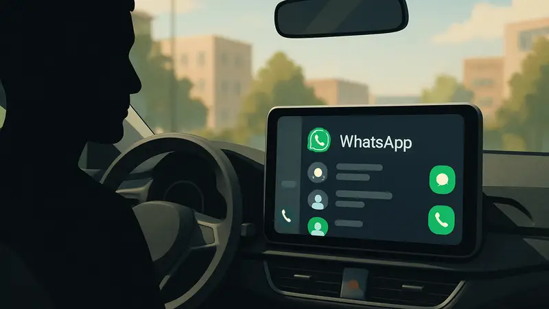 Интерфейс WhatsApp на экране Apple CarPlay, отображающий сообщения и звонки в автомобиле.