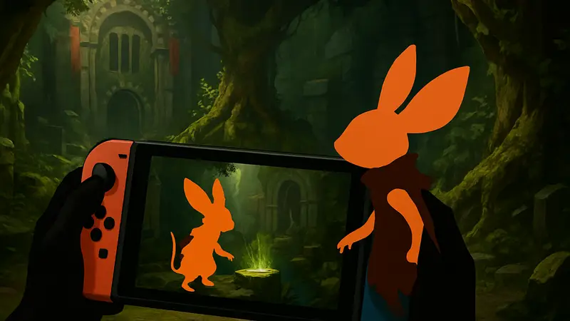 Промо-арт из игр Moss и Moss: Book II с героиней Квилл, демонстрирующий игровой процесс на Nintendo Switch.