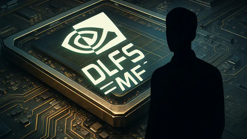 Логотип Nvidia DLSS 4.5 Dynamic Multi Frame Generation на фоне графического процессора