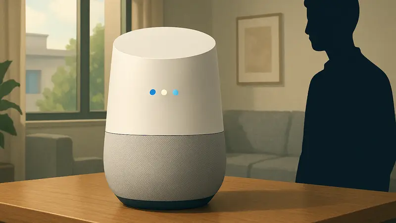 Изображение новой умной колонки Google Home Speaker, демонстрирующее её стильный дизайн и светодиодные индикаторы.