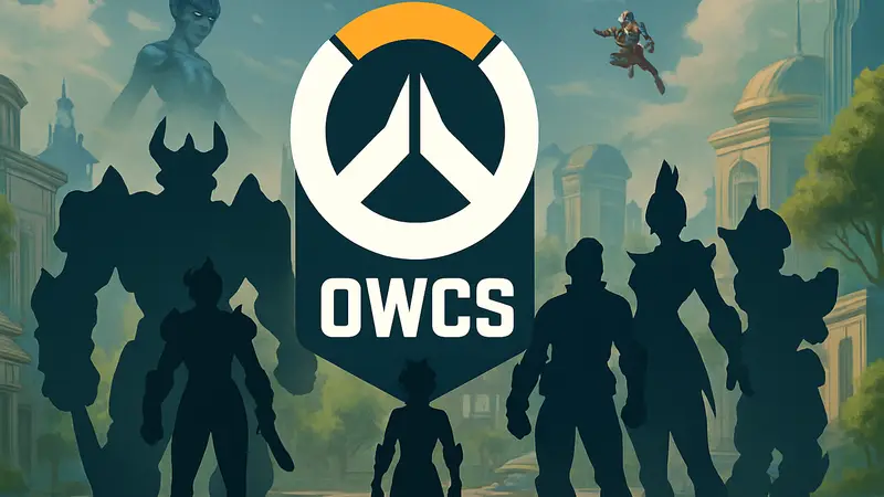 Логотип Overwatch Champion Series (OWCS) на фоне персонажей Overwatch